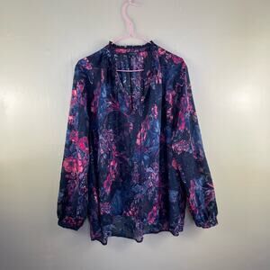 Lucky Brand sheer textured floral split neck blouse